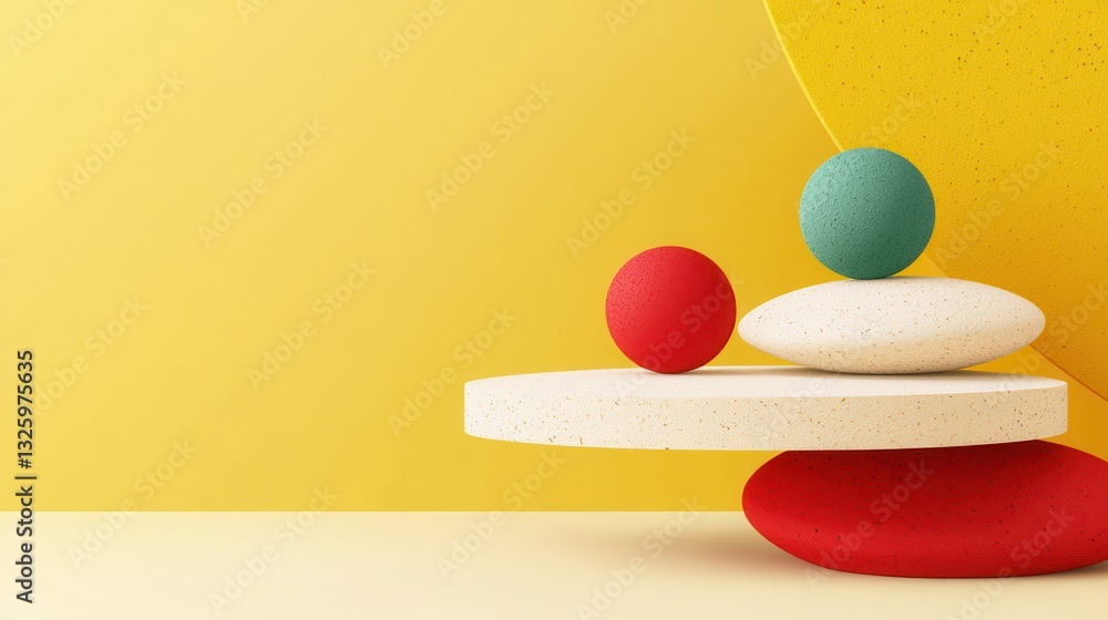 Poster A vibrant display of colorful geometric shapes balanced elegantly on a smooth surface against a bright yellow backdrop.