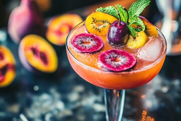 Exotic fruit cocktail with red kiwi, cherry, and mint, served in a stylish glass, with sliced peaches adding a splash of color, creating a refreshing summer beverage.