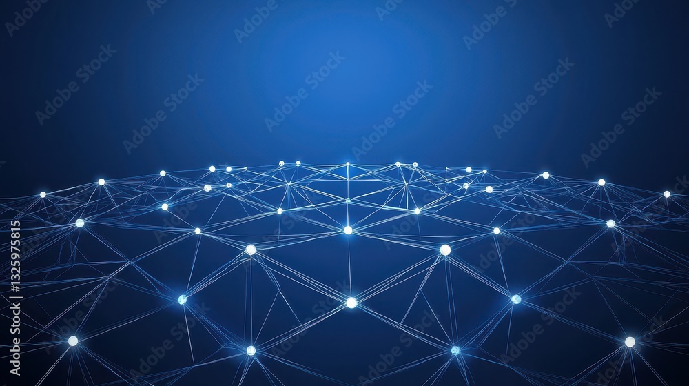 Aufkleber an abstract representation of a network, featuring interconnected nodes and lines against a blue bac