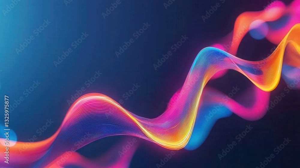 Poster A vibrant, flowing wave of colorful light patterns against a dark background, creating a dynamic and energetic visual effect.