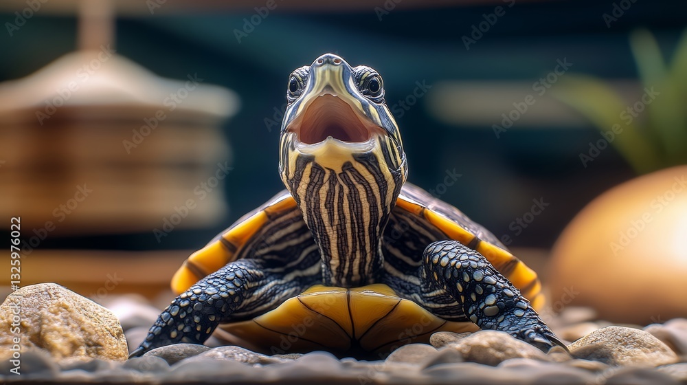 Poster small turtle is sitting on a rock with its mouth open. the turtle appears to be curious and possibly