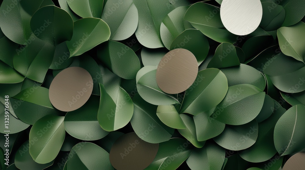 Poster Lush green leaves with circular, smooth shapes interspersed, creating a serene and harmonious natural pattern.