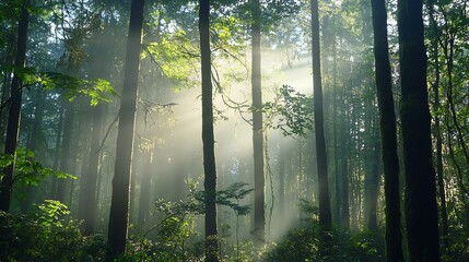 Sun Rays Streaming Through Tall Trees in a Lush Green Forest