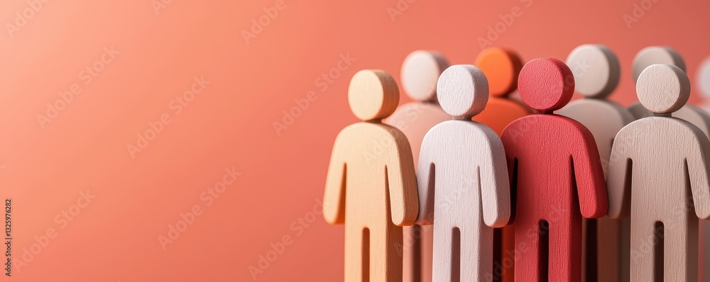 Poster a collection of wooden figurines representing people in various colors, set against a soft gradient 