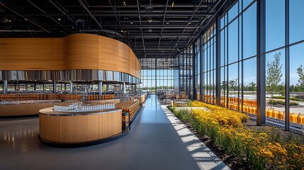 Fototapeta premium Modern Distillery Interior Tasting Room with Wood Accents and Large Windows
