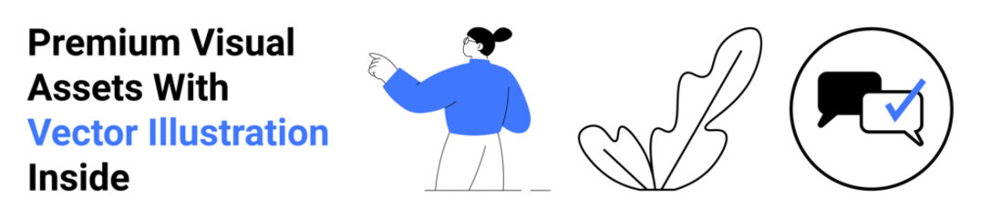 Fototapeta premium Person gesturing forward in blue sweater, abstract leaf design, speech bubble with check mark. Ideal for communication, creativity, branding, workflow, design assets, education flat landing page