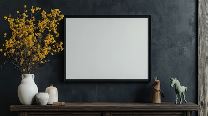 Close-up of a pristine white frame with a sleek black border, perched against a deep gray, textured backdrop. At its heart lies elegant white text, drawing the eye