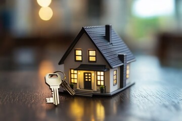 Model house and key representing home ownership and real estate dreams