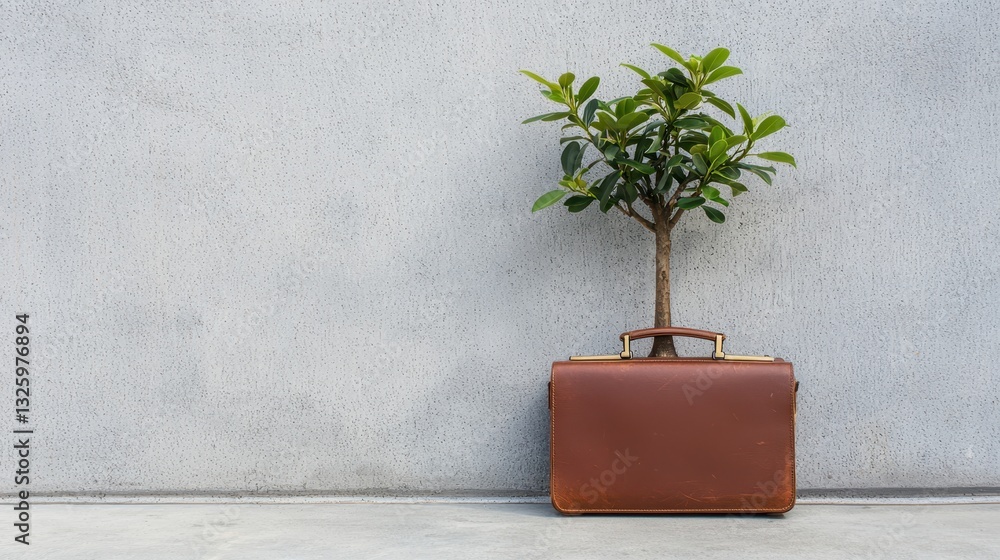 Poster a small tree grows from a brown suitcase, symbolizing growth and resilience against a minimalist con