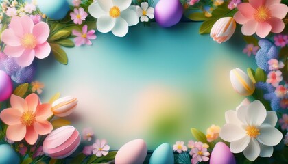 Soft-focus floral Easter frame with pastel blossoms, delicate greenery, and decorative eggs, leaving an elegant empty space for text or product placement.
