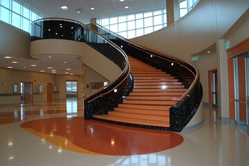 An interior view of a modern building with a staircase