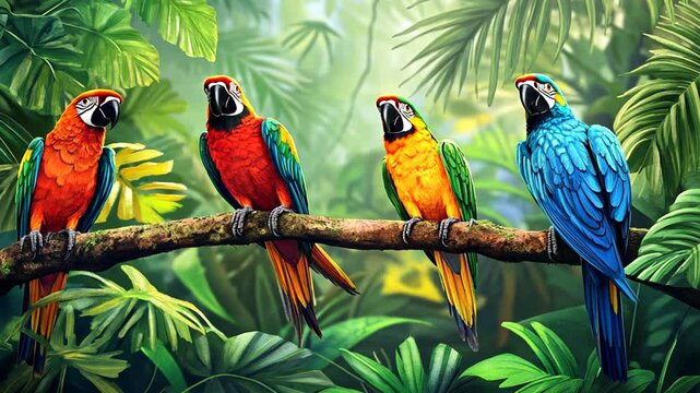 Vibrant Macaws Perched on Branch Amidst Lush Tropical Foliage, A Colorful Nature Scene