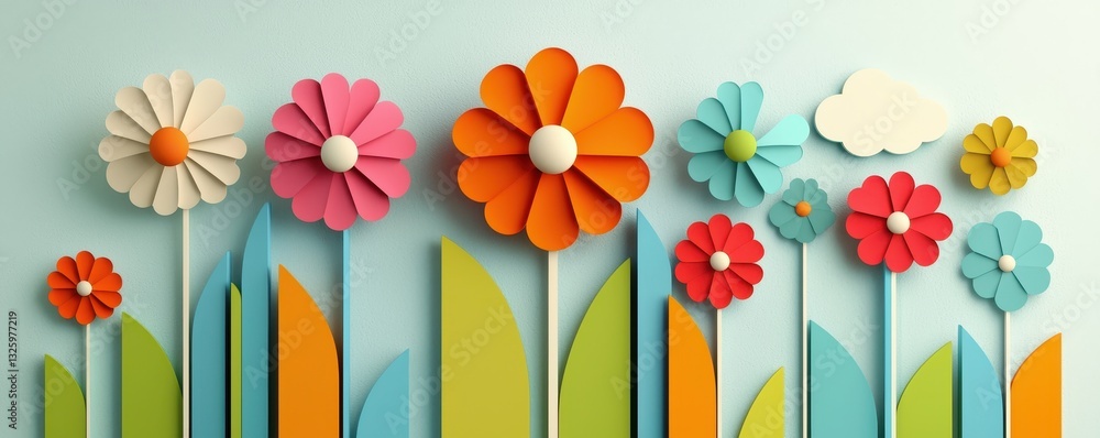 Poster a vibrant arrangement of colorful paper flowers against a blue background, creating a cheerful, arti