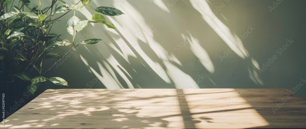 Aufkleber natural light creates dynamic shadows on a minimalist table in a calm green setting