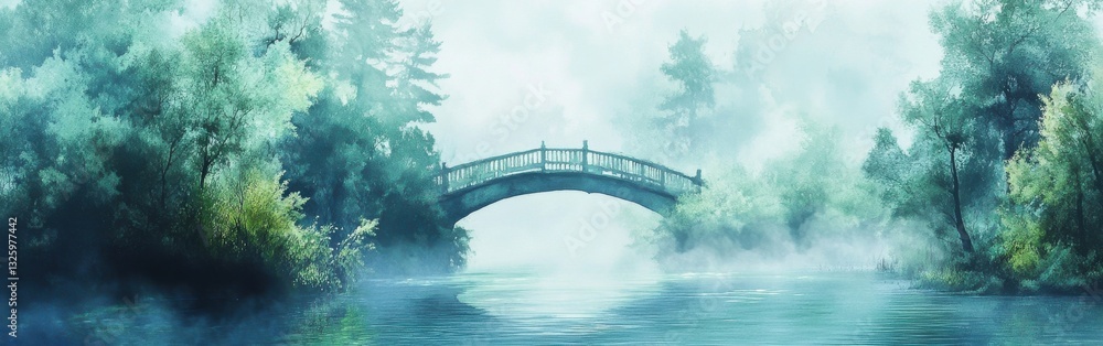 Poster serenity of a misty river with a tranquil bridge surrounded by lush greenery during a soft morning l