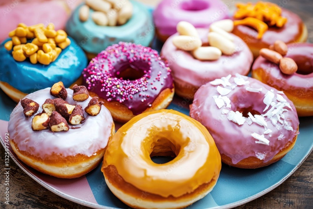 Poster a vibrant display of assorted colorful donuts with creative toppings on a blue plate, creating a tem