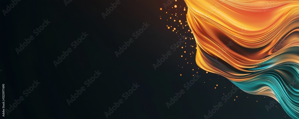 Poster A vibrant abstract design featuring flowing colors of orange and teal against a dark background, creating a dynamic visual effect.