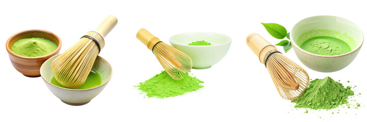 A variety of matcha tea preparations including whisk, powder, and bowls showcasing the vibrant green color and traditional tools.