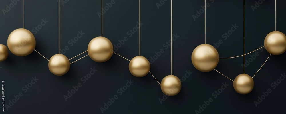 Aufkleber A series of golden spheres suspended on strings against a dark background, creating a visually striking and dynamic arrangement.