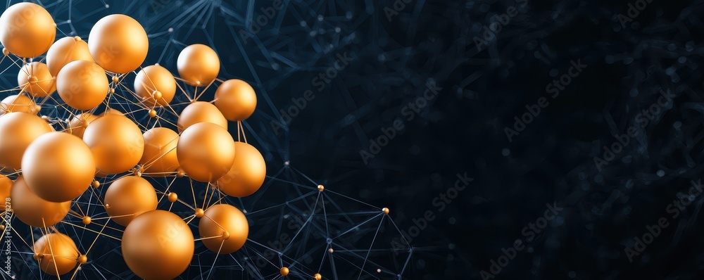 Poster a digital representation of interconnected golden spheres, symbolizing networks, technology, or mole