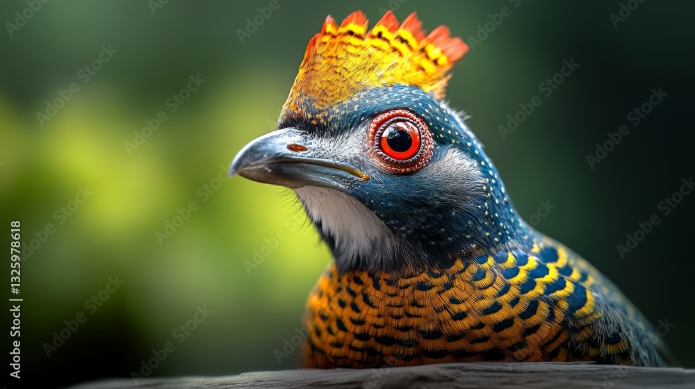 Poster bird with a red beak and yellow feathers is looking at the camera. the bird is perched on a branch a
