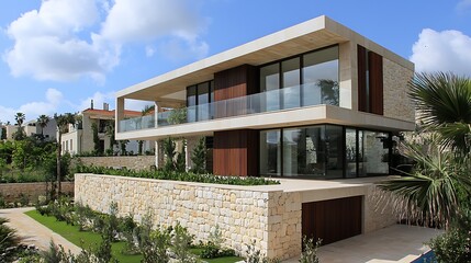 Modern, light-colored home with a contemporary design.  Exterior features include large windows, a wooden deck, and a stone retaining wall