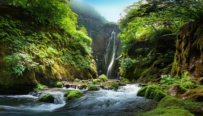 mystical canyon with lush greenery and flowing waterfalls