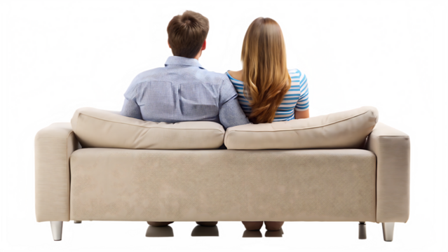 Rear view of a couple resting on couch  isolated on white background PNG. GENERATIVE AI