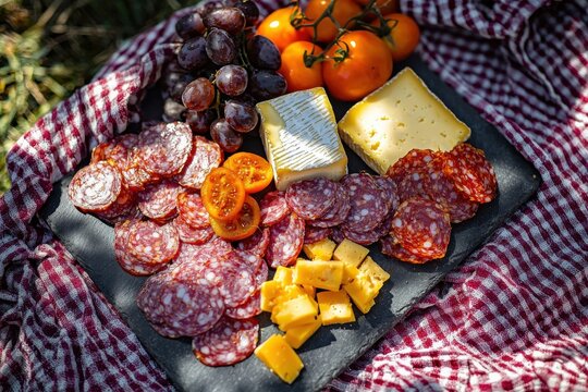 An enticing charcuterie board featuring salami, cheese, grapes, and tomatoes, arranged on a black slate platter atop a red and white checkered picnic blanket.