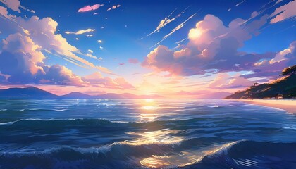 sea evening anime background 2d illustration