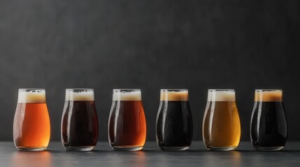 Diverse shades of beer showcasing a range from light lager to dark stout with production dates for each glass displayed. National Rotate Your Beer Day