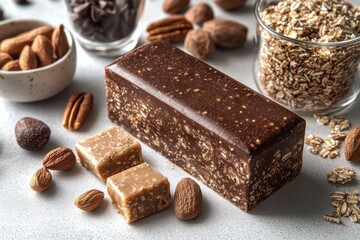 A close-up of granola bar and fudge with various nuts and oats in glass creates a delicious and healthy food arrangement on light surface.