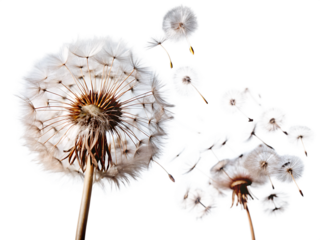 dandelion flower seeds flying in the wind isolated on white background PNG. GENERATIVE AI
