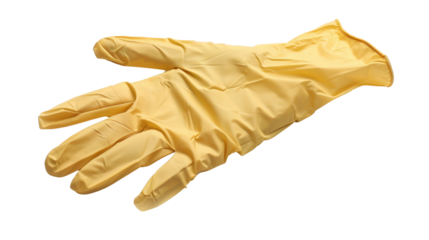 Yellow nitrile glove protecting hand on transparent background