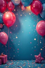 Trendy happy birthday backdrop with shimmering sparkles and balloons, trendy, decoration, celebration