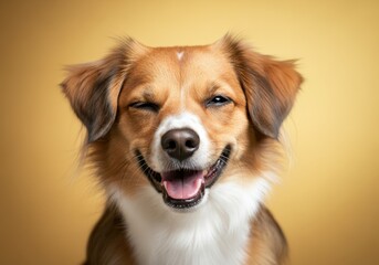 Fototapeta premium Happy dog winking with a joyful expression against a yellow background