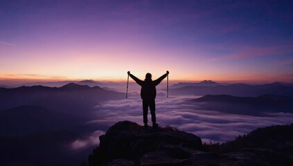 Fototapeta premium A person stands triumphantly on a rocky ledge, raising trekking poles against a backdrop of colorful dawn. The landscape features distant mountains shrouded in mist