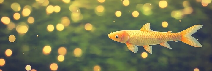Goldfish swims. Bokeh lights background. Use serene illustration