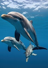 Obraz premium Three dolphins swimming gracefully in clear blue water