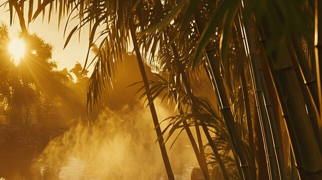 Golden Sunrise Tropical Bamboo Palm Trees Mist Zen Spa Fog Warm Pond Steam Water