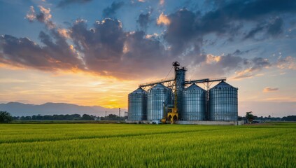 Golden sunlight bathes green rice fields and metallic grain silos under a dramatic sky, with distant mountains creating a picturesque rural landscape
