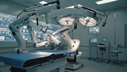 Fototapeta premium A cutting-edge robotic surgical system is actively performing a delicate procedure in a well-equipped operating room. Monitors display real-time imagery and data