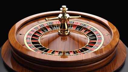 Naklejka premium The roulette table features a polished wooden surface with a spinning wheel and brightly colored segments. Players gather around, eagerly anticipating their bets as the ball spins