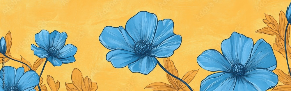 Poster hand-drawn blue flowers on golden-yellow background creating a vibrant artistic display