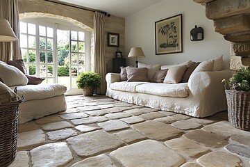 Interior design with a stone floor and elegant furnishings