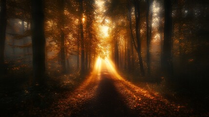 Autumn Forest Path Magical Sunlight Golden Leaves ray fog art fall dark mist
