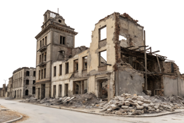 destroyed buildings after earthquake isolated on white background PNG .GENERATIVE AI
