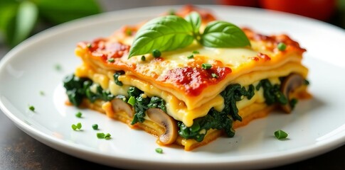 Vegetarian lasagna with zucchini, mushrooms, spinach, and ricotta cheese on a white plate, zucchini, delicious, closeup
