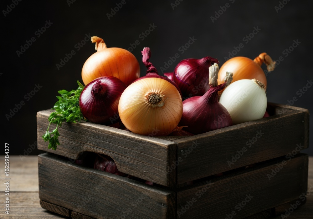 Poster fresh assorted onions in a rustic wooden crate on a dark background