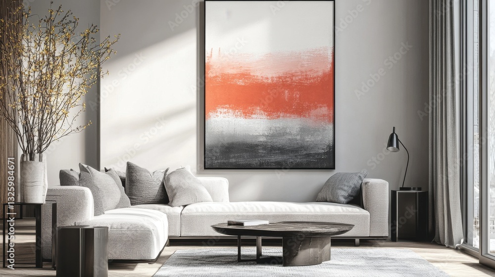 Poster elegant living room featuring coral and gray abstract strokes on a large canvas in a modern setting